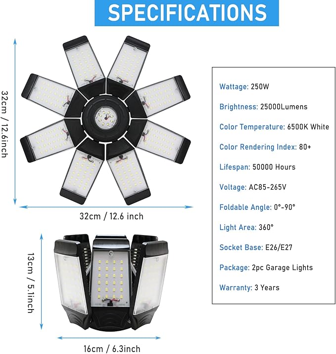 2-Pack LED Garage Lights, 250W Garage Light, 25000LM Garage Lights Ceiling Led Bulb with 8+1 Adjustable Panels, Garage Led Light Fixtures, LED Shop Light for Basement Workshop Attic (8+1P 2Pack)