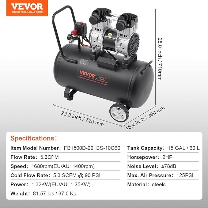VEVOR Air Compressor, 15 Gallon Steel Tank, 2HP 5.3 CFM@90 PSI Oil Free Air Compressor & Max. 125PSI Pressure, 78dB Ultra Quiet Portable Compressor, for Auto Repair, Tire Inflation, Spray Painting