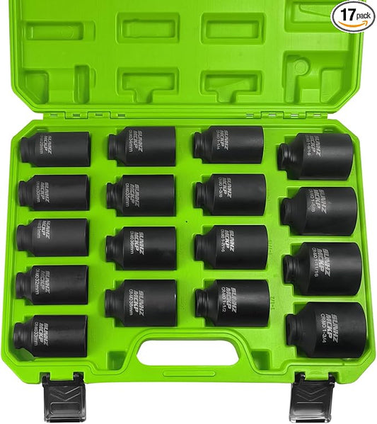 SUNHZMCKP 1/2" Drive Deep Impact Socket Set 17-Piece, Spindle 6 Point Axle Nut Sockets Set, Standard SAE (1-1/4-Inch to 1-3/4-Inch) and Metric (29mm - 38mm) Large Socket, CR-MO, Impact Grade