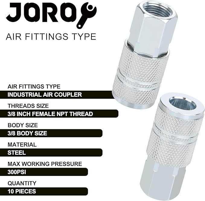 3/8 High Flow Air Fittings, Industrial M-Type Coupler, 3/8 Inch Flow Size, 3/8 Inch Female Threads Size, Steel Material, 300PSI, 10 Pieces Air Compressor Accessories Fittings