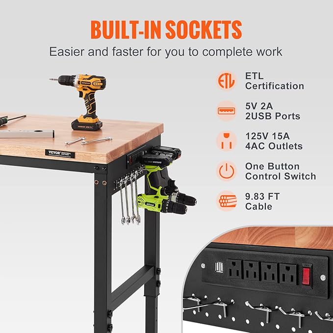 VEVOR Adjustable Workbench, 48" L X 24" W Garage Worktable with Universal Wheels, 28-39.5" Heights & 2000 LBS Load Capacity, with Power Outlets & Hardwood Top & Storage & Foot Pads, for Office Home