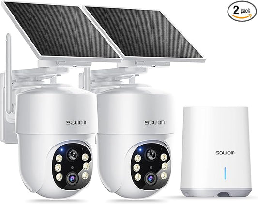 SOLIOM- True 5MP HD Security Cameras Wireless Outdoor, Solar Powered Home Security Camera with 360° Auto Tracking, Pan & Tilt, Spot Light Night Vision,2-Cam Pack, 5G & 2.4G Router, No Subscription