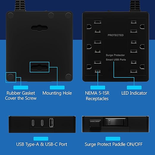 LIDER Outlet Extender with 6 Receptacles, USB-A and 2 USB-C, Ultra-Thin Flat-Plug with Cord Extender, 6-Outlet Power Strip, Slim Angled Design, Surge Protector, 480 Joules, 5ft Cord, Black
