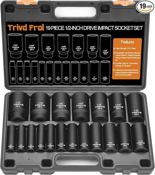 SAE Impact Socket Set 1/2" Drive - Trivd Frol 19 Piece Deep Socket Set 1/2" Impact Socket Set, SAE Socket Set 3/8" to 1-1/2" Large Socket Set, Impact Driver Socket Set, Cr-V Steel, Double Lock Case