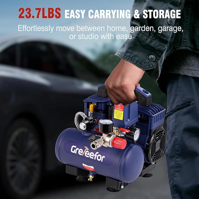 Air Compressor, 1 Gallon Ultra Quiet Portable 60 dB, 13-Second Quick Fill, 1 Gallon Compact, Oil-Free for Tire Inflation/Nail Gun/Pneumatic Tools/Cleaning in Home or Shop Projects, 1.5HP, Violet