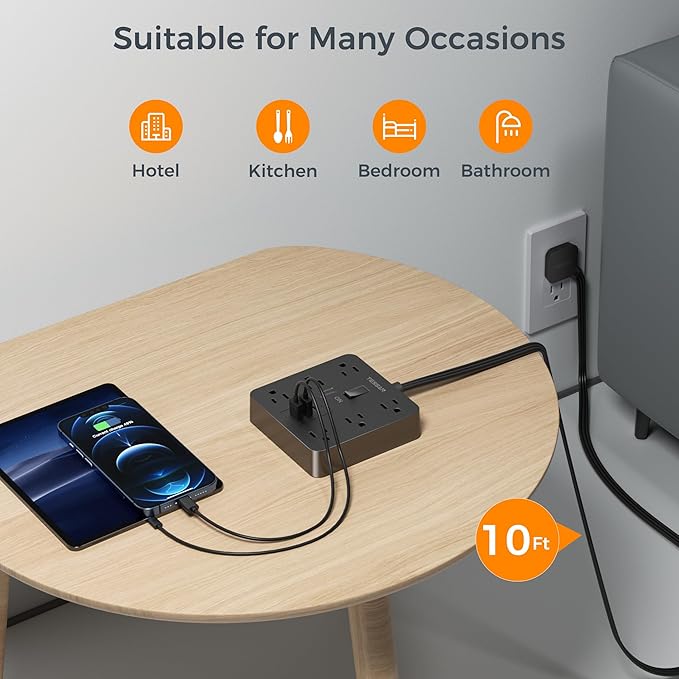 Black Surge Protector Power Strip 10 ft Cord, TESSAN Flat Plug Extension Cord with 6 Outlets 3 USB Ports (1 USB C), 1700J Protection, Heavy Duty Power Strip for Indoor Home Office School Dorm Room