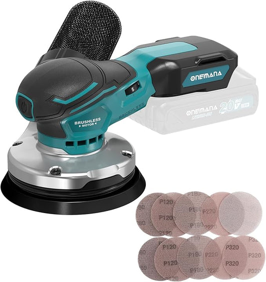 Orbital Sander 5-inch Palm Sander 20V Brushless Cordless Electric sander 7 Variable Speeds Hand Sanders for Wooding and Sanding With 10 Sanding Papers，Dust Collection Bag，Tool Only