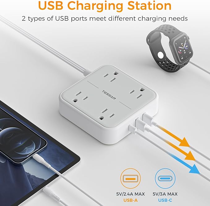 Extension Cord 10 ft, TESSAN Surge Protector Power Strip Long Cord with 3 USB(1 USB C), Flat Plug with 4 AC Outlets, Small Desktop Multiple Charging Station for Home School Dorm Room Office, Grey
