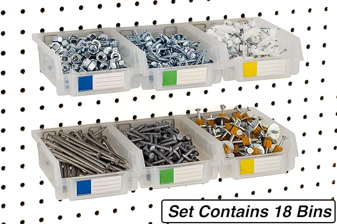 Pegboard Bins – 18 Pack Clear - Hooks to Any Peg Board - Organize Hardware, Accessories, Attachments, Workbench, Garage Storage, Craft Room, Tool Shed, Hobby Supplies, Small Parts
