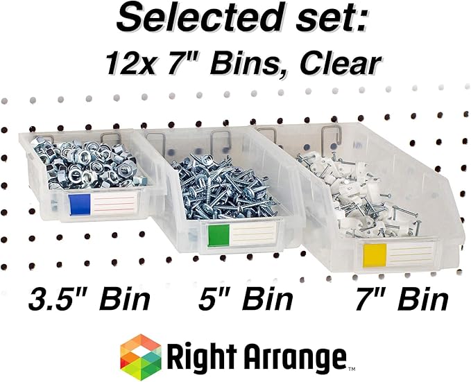 Pegboard Bins – 12 Pack Clear Extra Large - Hooks to Any Peg Board - Organize Hardware, Accessories, Attachments, Workbench, Garage Storage, Craft Room, Tool Shed, Hobby Supplies, Parts
