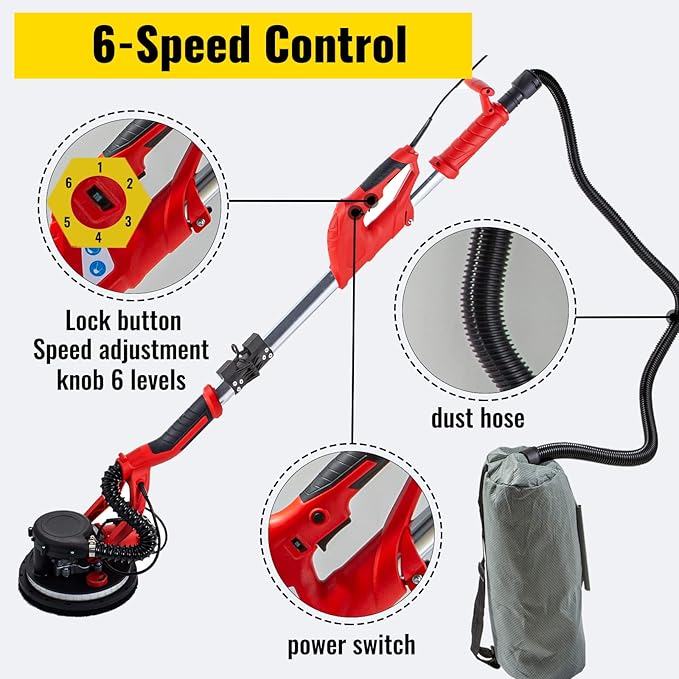 Mophorn Drywall Sander 850W Electric, Electric Sander Variable Speed 800-1750RPM, Drywall Sander Foldable Sheetrock Sander, with Telescope Handle, Vacuum Bag Drywall Sanders 6 Sand Pads