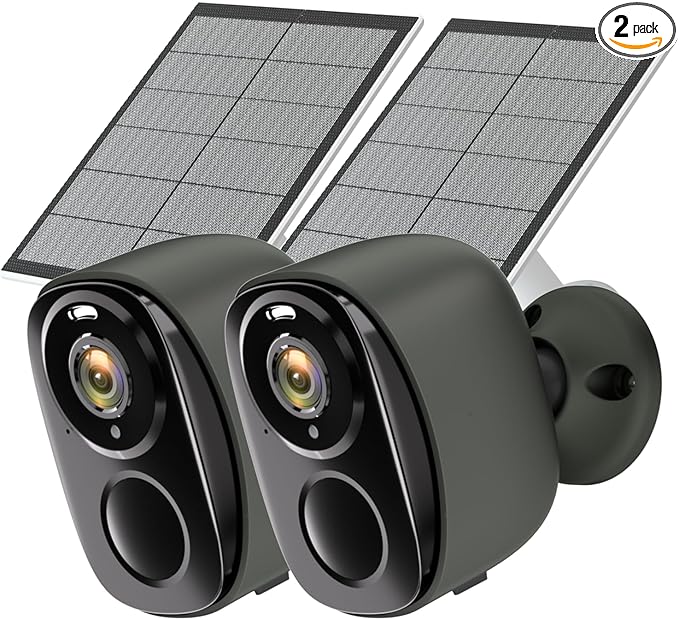 Rraycom 2pc Solar Security Cameras Wireless Outdoor, 2K Battery Powered Cameras for Home Security, WiFi Camera with Solar Panel, Color Night Vision, AI Motion Detection, 2 Way Audio, IP65, SD/Cloud G