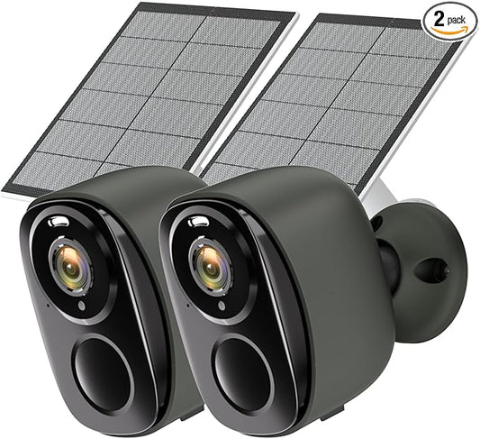 Rraycom 2pc Solar Security Cameras Wireless Outdoor, 2K Battery Powered Cameras for Home Security, WiFi Camera with Solar Panel, Color Night Vision, AI Motion Detection, 2 Way Audio, IP65, SD/Cloud G