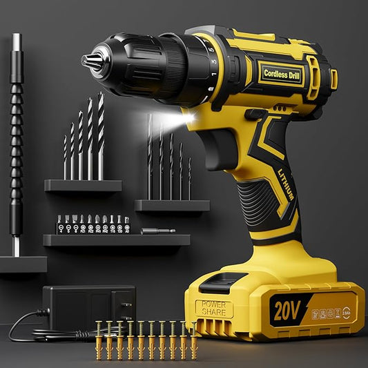 Cordless Drill Set, 20V Power Drill with Battery 2.0Ah and Charger, 3/8-Inch Keyless Chuck Electric Drill, 25+1 Torque, 42pcs Drill Driver Bits/Screws for DIY Projects (Yellow)