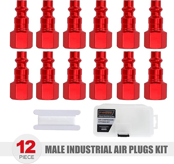 Air Hose Fittings, 12 Pieces I/M Industrial Type Air Plugs with 1/4" NPT Female Threads, Red
