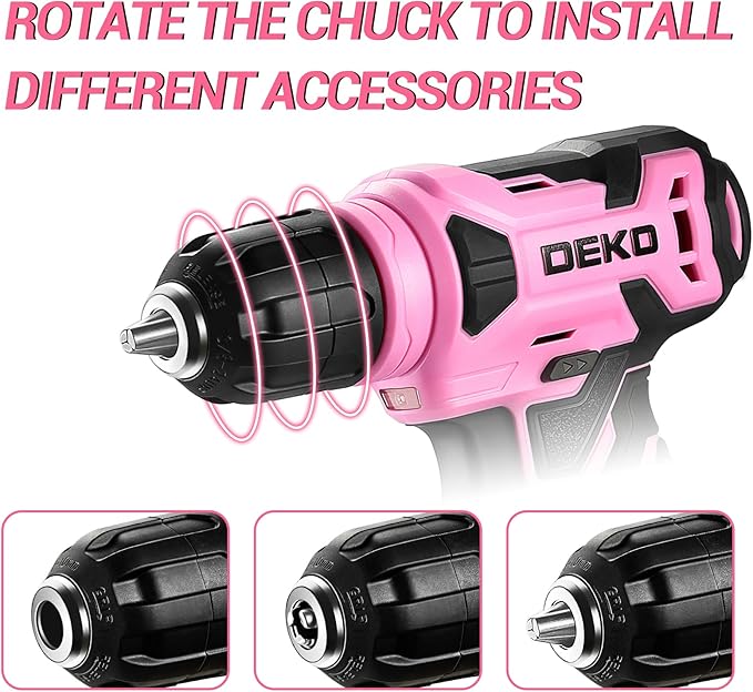 DEKOPRO 8V Cordless Drill, Drill Set with 3/8"Keyless Chuck, 42pcs Acessories, Built-in LED, Type-C Charge Cable, Pink Power Drill for Drilling and Tightening/Loosening Screws