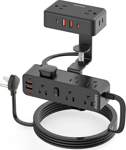 Dual Layer Desk Clamp Power Strip with 13 AC Outlets 8 USB (4 USB C), Fit 2.75" Tabletop, Desktop Edge Mount Surge Protector (1700J), 10 Ft Extension Cord for Office Home, Black