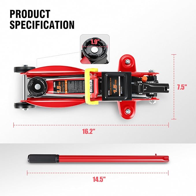 DNA MOTORING Low Profile Hydraulic Trolley Service/Floor Jack, 1.5 Ton (3000 lbs) Capacity, Lifting Range 5.3"-12",Red,TOOLS-00326