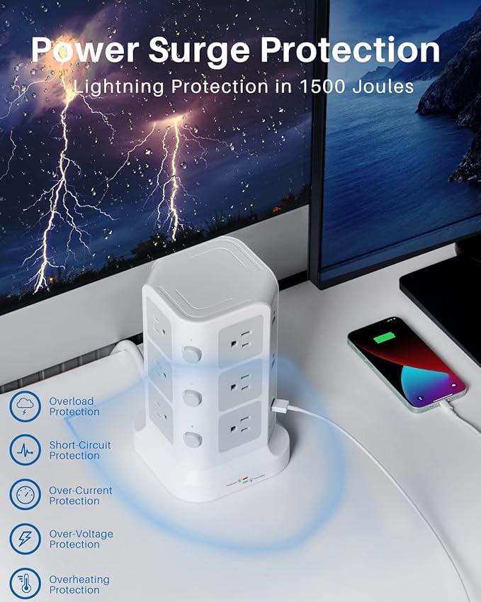 Surge Protector Power Strip Tower, KOOSLA 16.4 FT Extra Long Cord Flat Plug - [15A 1500J] Heavy-Duty 12 Widely Multiple Outlets & 6 USB Charging Station for Home, Office, Dorm White