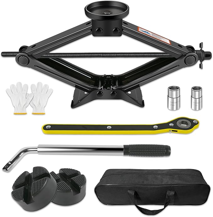 Car Jack Kit 2.5 Ton (5512 lbs) Scissor Jack for Car with Rubber Jack Pad Universal Jack Emergency Kit Tire Changing Kit for Car SUV MPV