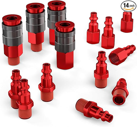 Universal Air Hose Fittings, 1/4 Inch NPT Quick Connect Air Coupler and Plug Kit, Aluminum Air Compressor Fitting Set, Industrial Pneumatic Air Tool Adapter Accessories - 14 Pieces Red