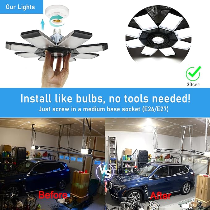 2-Pack LED Garage Lights, 250W Garage Light, 25000LM Garage Lights Ceiling Led Bulb with 8+1 Adjustable Panels, Garage Led Light Fixtures, LED Shop Light for Basement Workshop Attic (8+1P 2Pack)