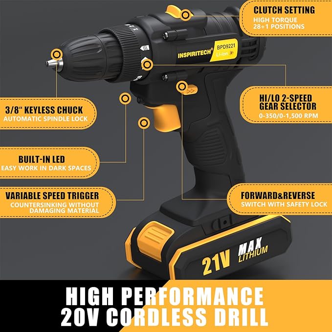 21V Cordless Drill with 2 Batteries and Charger,3/8-Inch Keyless Chuck Power Drill Set,2 Variable Speed Electric Drill Driver, 19 Torque Setting with Drill/Driver Bits
