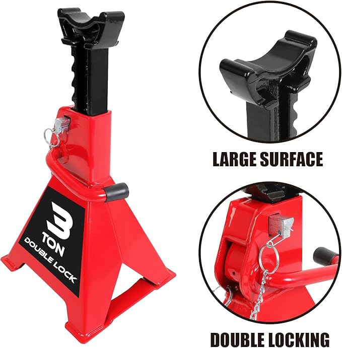 BIG RED T43005A Torin Steel Heavy Duty Jack Stands: Double Locking Pins, 3 Ton (6,000 lb) Capacity, Red, 1 Pair (2 Pack)