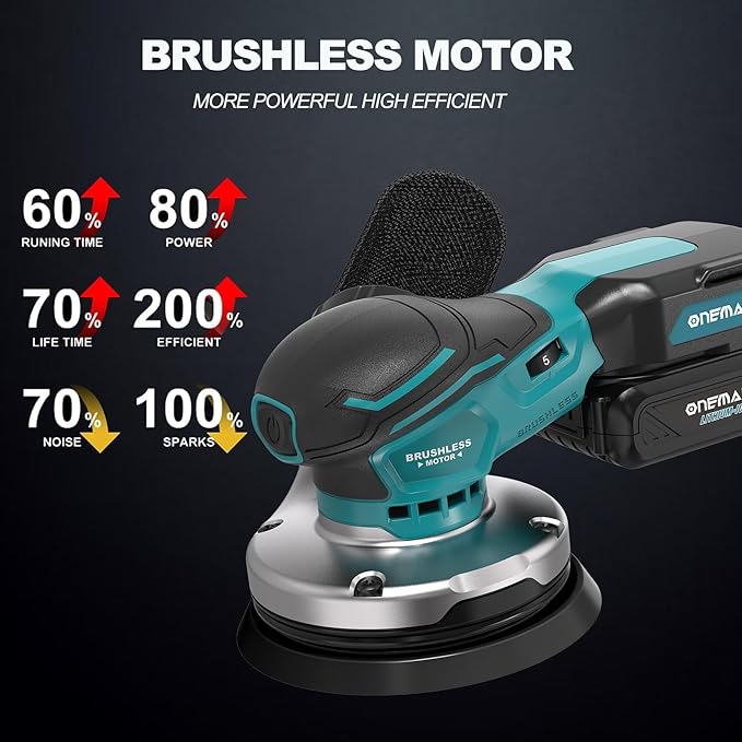 Orbital Sander 5-inch Palm Sander 20V Brushless Cordless Electric sander 7 Variable Speeds Hand Sanders for Wooding and Sanding With 10 Sanding Papers，Dust Collection Bag，Battery and Charger