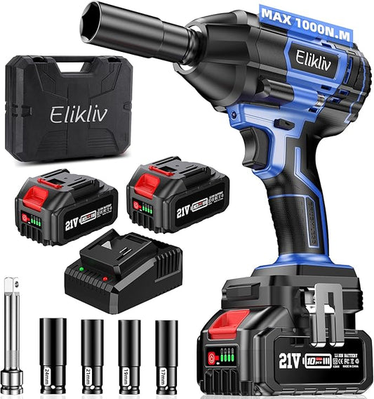 Elikliv Cordless Brushless Impact Wrench 1/2 inch, Max Torque 1000N.m, 740Ft-lbs 21V Electric Power Impact Gun, 2x 4000mAh Battery, Fast Charger, 4 Sockets set, Power Impact Driver for Car Tires Home