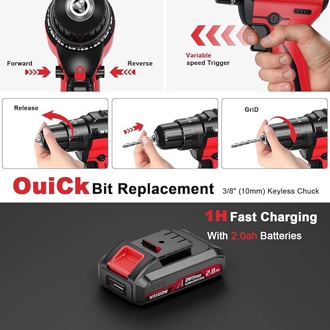 Cordless Drill Tool Kit Set 21V Power Drill Tool Box with Battery Electric Drill Driver for Men Home Hand Repair Basic Toolbox Tools Sets Drills Case