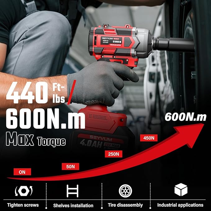 SEYVUM Cordless Impact Wrench, 1/2” Max Torque 440 Ft-lbs / 600 N.m Power Impact Gun, 20V 3000RPM Electric Impact Driver, 2 x 4.0Ah Battery, 5 Impact Sockets, 8 Dirlls & 6 Screws, Carry Bag Included