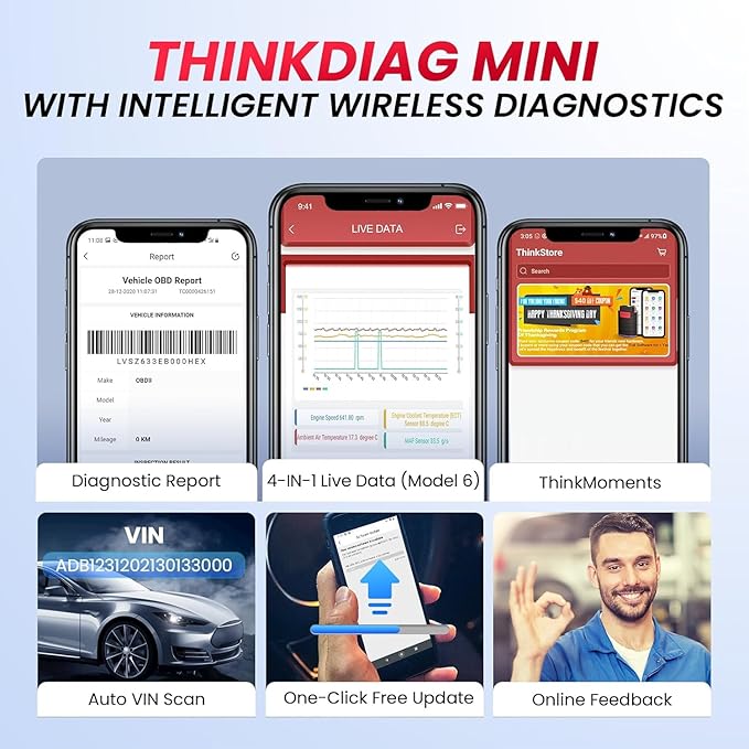 THINKCAR Thinkdiag Mini Bluetooth OBD2 Scanner, OEM Full System Diagnostic Scan Tool for iOS and Android, Check Engine Light Fault Car Code Reader