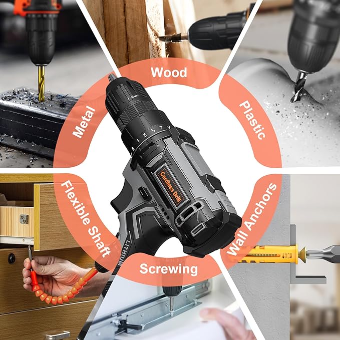 Cordless Drill Set, 20V Power Drill with Battery 2.0Ah and Charger, 3/8-Inch Keyless Chuck Electric Drill, 25+1 Torque, 42pcs Drill Driver Bits/Screws for DIY Projects (Gray)