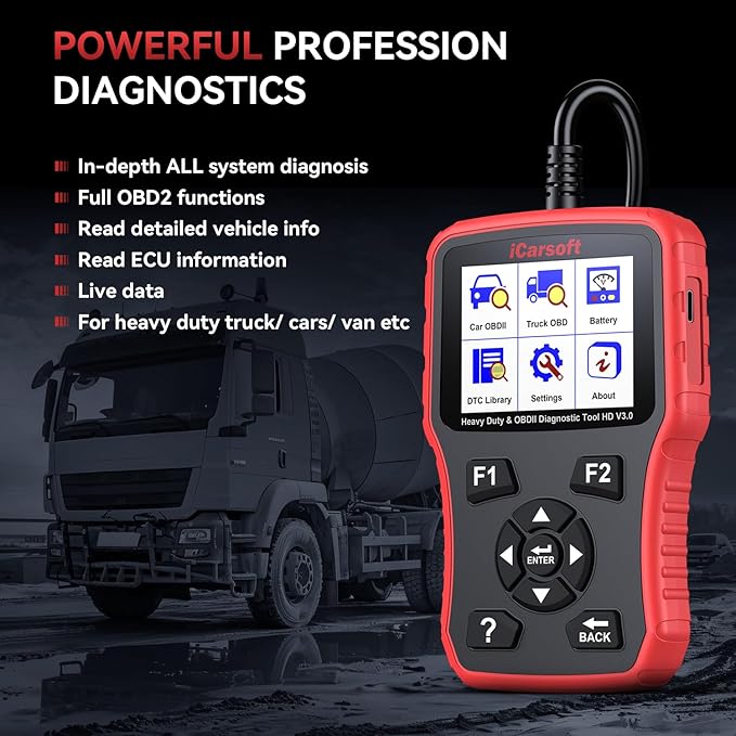 Heavy Duty Truck Scanner, iCarsoft HD V3.0 Multi-System OBD2 Diagnostic Scan Tool for Truck, Car, Mini Van, Light Duty Vehicle, Code Reader,Battery Test, Graphic Data Display-Red