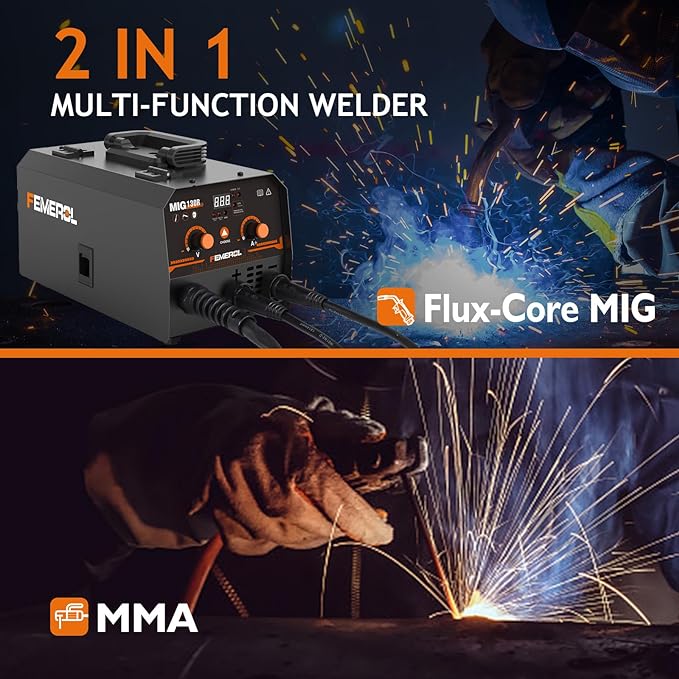 MIG Welder,2 in 1 Flux core/Stick Welder,130Amp 110V Gasless MIG Welding Machine with Synergy IGBT Inverter Welder Portable Wire Feed Welder