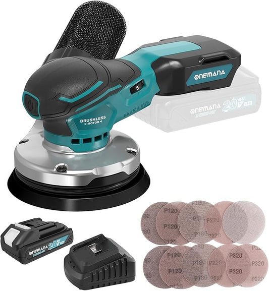 Orbital Sander 5-inch Palm Sander 20V Brushless Cordless Electric sander 7 Variable Speeds Hand Sanders for Wooding and Sanding With 10 Sanding Papers，Dust Collection Bag，Battery and Charger