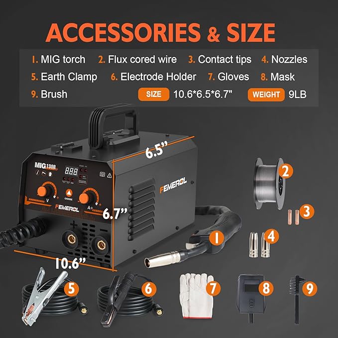 MIG Welder,2 in 1 Flux core/Stick Welder,130Amp 110V Gasless MIG Welding Machine with Synergy IGBT Inverter Welder Portable Wire Feed Welder