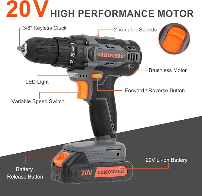 COMOWARE Cordless Drill Set, 20V Electric Power Drill Set,1 Battery & Charger, 3/8" Keyless Chuck, 2 Variable Speed, 266 In-lb Torque, 25+1 Position, Orange