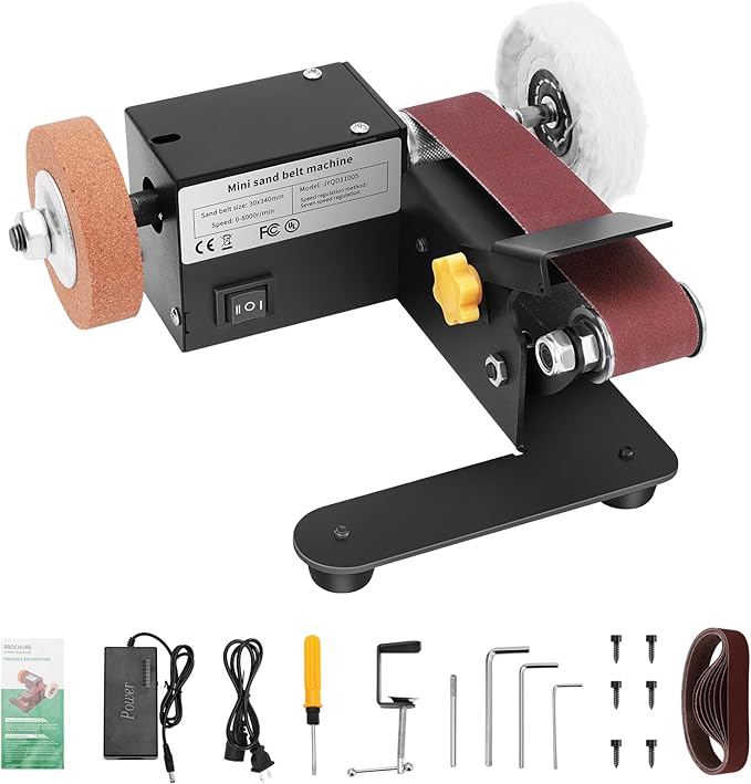 Mini Belt Sander,Small Electric Knife Sharpener with Clamp Screw,Stable Power Belt Sander with Angle Adjustment,7 Speed Mini Bench Belt Grinder for Knife Sharpening,Metal Working,Craft and DIY