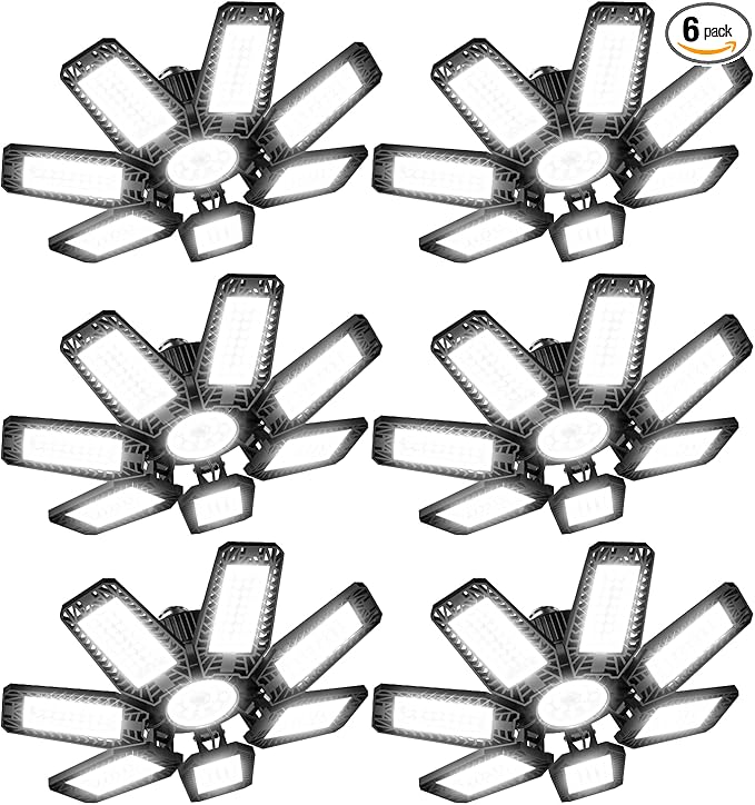 LED Garage Light 6 Pack - 200w 20000LM 6500K Garage Lights Ceiling Led with 7+1 Adjustable Panels, Led Shop Lights Screw in E26 E27 Bulb Socket for Workshop Garage Lighting