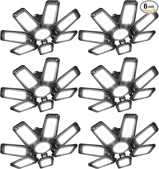 LED Garage Light 6 Pack - 200w 20000LM 6500K Garage Lights Ceiling Led with 7+1 Adjustable Panels, Led Shop Lights Screw in E26 E27 Bulb Socket for Workshop Garage Lighting