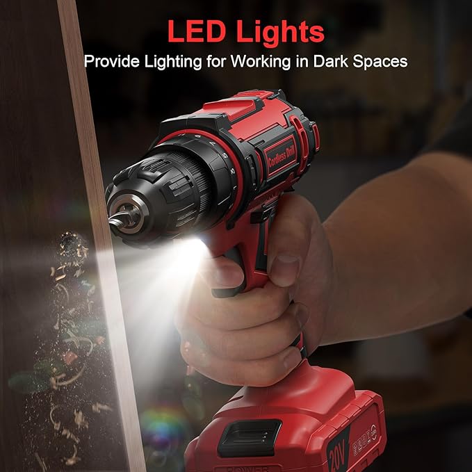 Cordless Drill, 20V Power Drill, Double 2000mAh Batteries Electric Drill, Cordless Drill with Battery and Charger, 3/8" Keyless Chuck Battery Drill with 25+1 Max 370 In-lb Torque, 42Pcs Drill Bits