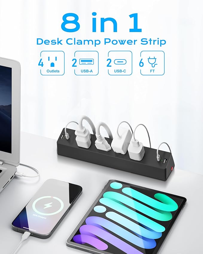 Desk Clamp Power Strip, ACOZVIN Desk Outlet Charging Station Surge Protector, 4 AC Outlets 4 USB Ports(2 USB C), 6Ft Cord, Desktop Mount Power Station for Office Home, Fit 1.7" Tabletop Edge