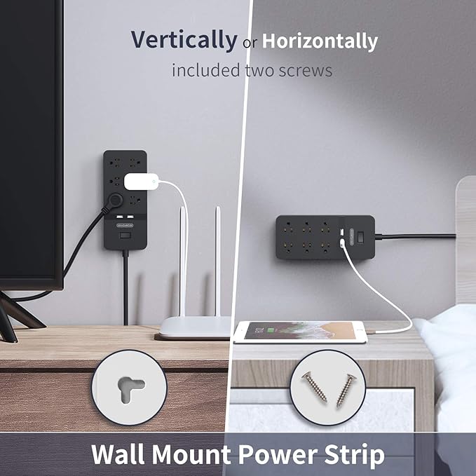 Long Extension Cord 15ft, NTONPOWER Flat Plug Power Strip Surge Protector with 6 Outlets 2 USB Ports, 1080 Joules, Wall Mount Charging Station, Overload Protection for Home Office, ETL Listed, Black