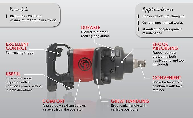 Chicago Pneumatic CP7782-SP6 Impact Wrench (#5 Spline), 6 Inch Ext. Anvil, Air Gun Industrial Repair & Assembly Tool, D-Handle, Pinless Rocking Dog, Max Torque Output 1920 ft. lbf/2600 Nm, 5200 RPM