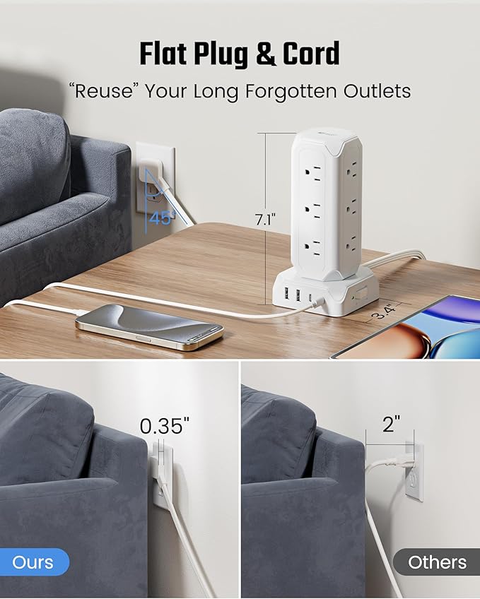 Power Strip Tower, SUPERDANNY 12 Outlets with 35W USB(2 USB-A & 2 USB-C) Charging Station, 1625W/13A, 1700J Surge Protector, 15ft Flat Plug Extension Cord with Multiple Outlets for Home, Office, Dorm
