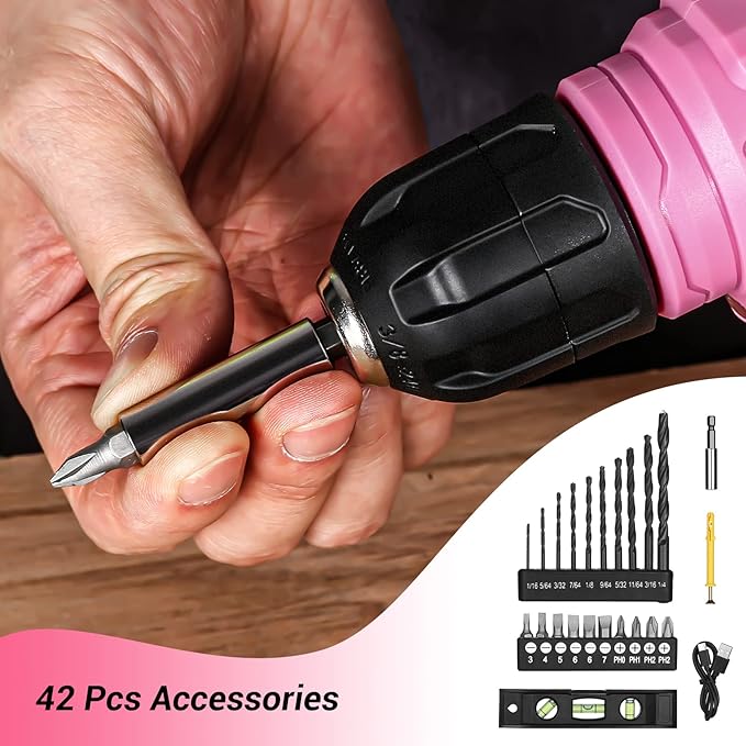 DEKOPRO 8V Cordless Drill, Drill Set with 3/8"Keyless Chuck, 42pcs Acessories, Built-in LED, Type-C Charge Cable, Pink Power Drill for Drilling and Tightening/Loosening Screws