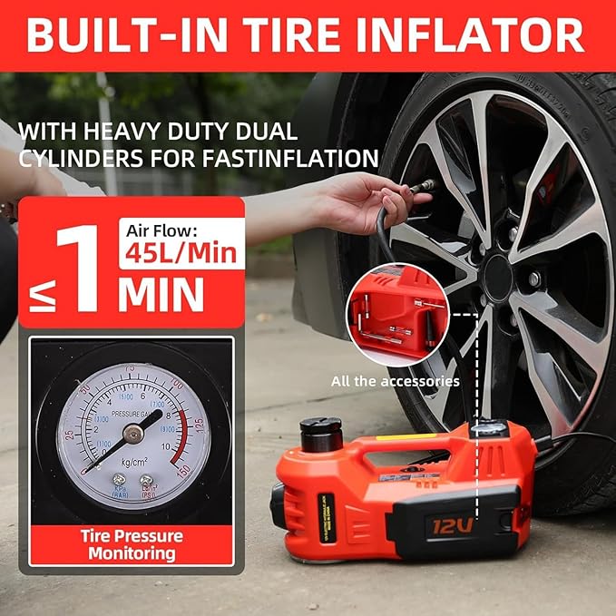 ROGTZ Electric Hydraulic Car Jack Kit with Impact Wrench and Tire Inflator Pump, 5 Ton 12V Car Jack Hydraulic Car for SUV Sedans Tire Change with LED Light(Red)