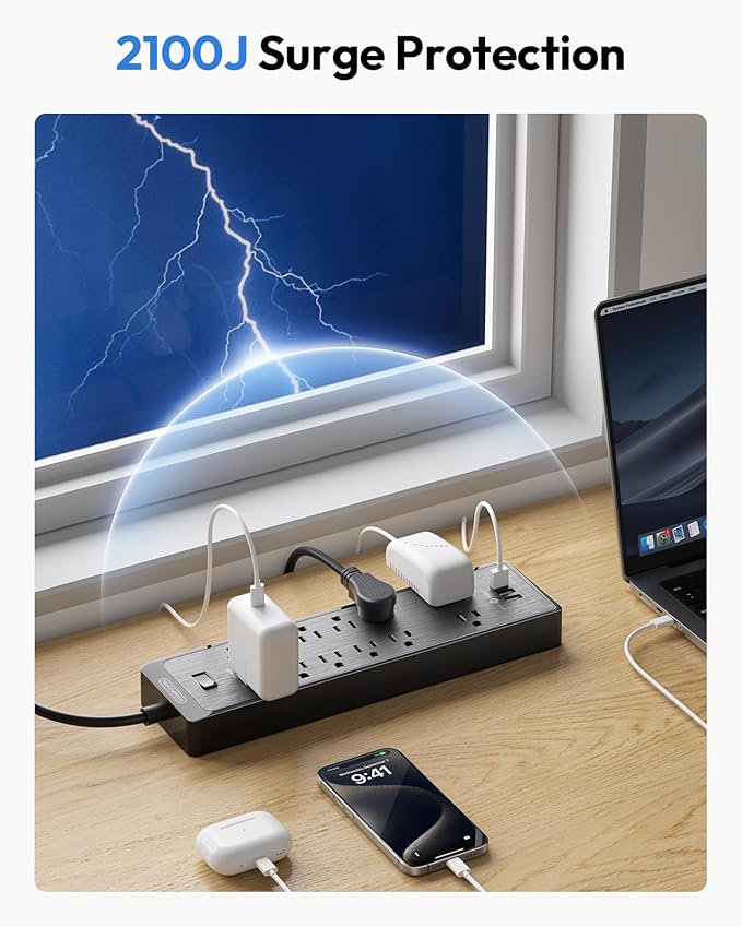 Flat Plug Extension Cord 25 Ft, NTONPOWER Surge Protector Power Strip with 12 Outlets(2 Widely Space) 3 USB, Overload Protection Switch, 2100 Joules, Wall Mount for Home Office and Workbench, Black